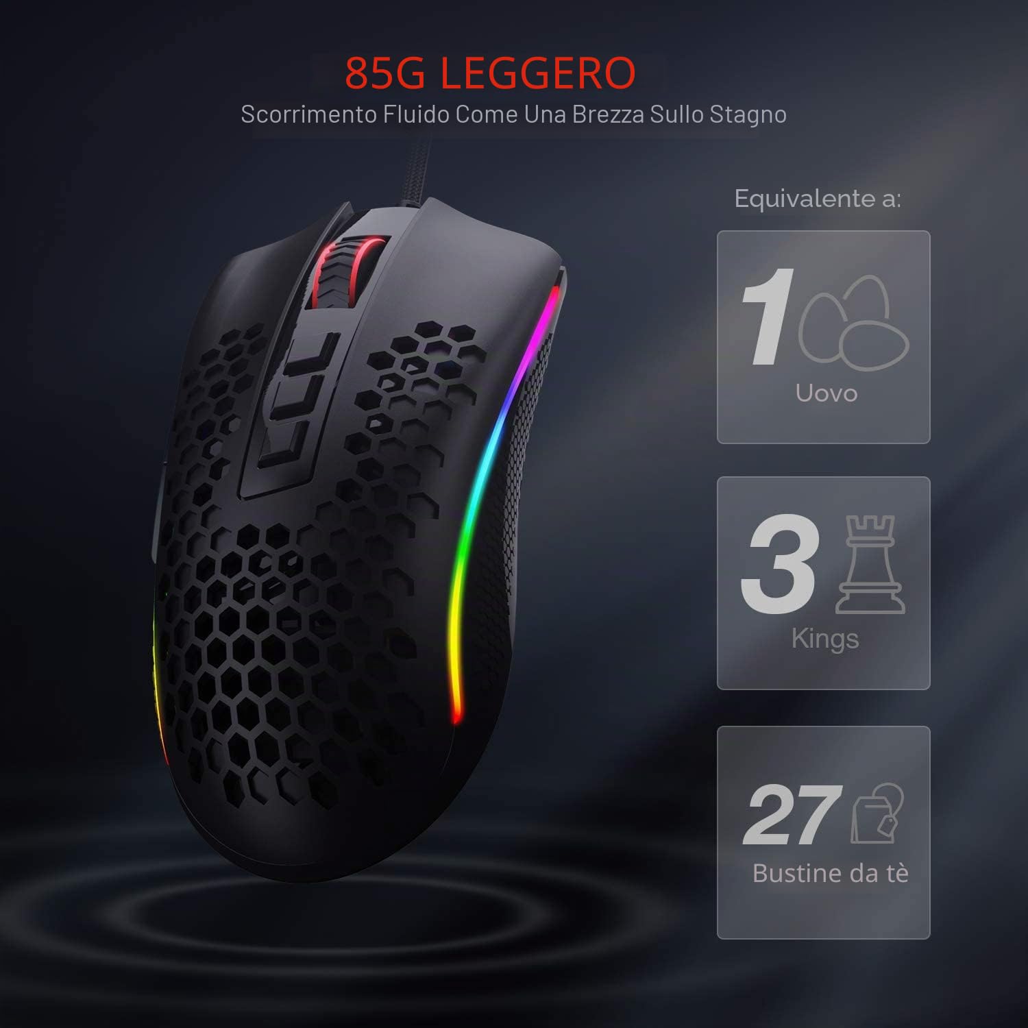 Redragon M808 Storm - Mouse da gioco RGB leggero, guscio a nido d'ape ultraleggero da 85 g - sensore ottico da 12.400 DPI - 7 pulsanti programmabili - registrazione precisa - cavo Super-Lite