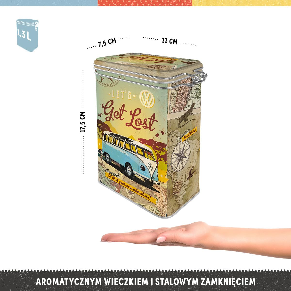 Nostalgic-Art Retro puszka na kawę, 1,3 l, VW Bulli – Let's Get Lost – Pomysł na prezent dla miłośnika Volkswagena Busa, Official License Product (OLP), z pokrywką aromatyczną, Styl vintage