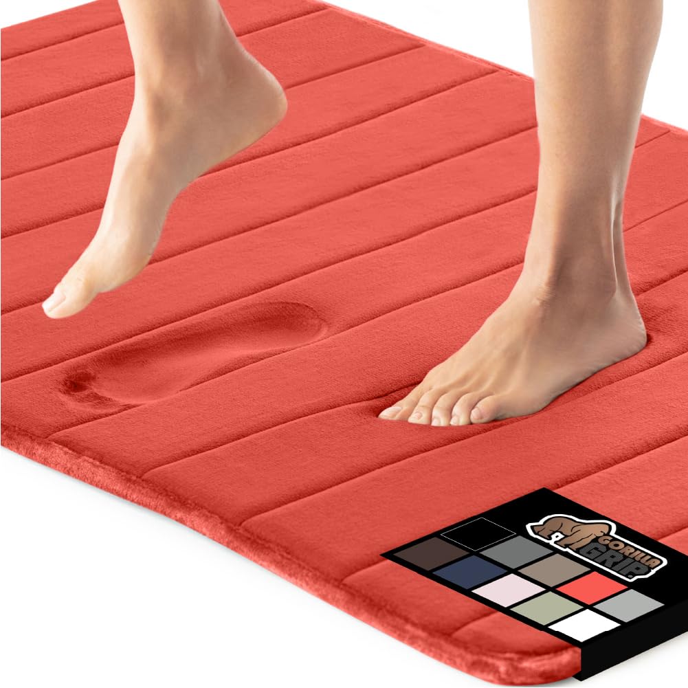 GORILLA GRIP Memory Foam Bathroom Rug, 30x20 Coral, Soft Absorbent Comfortable Bath Mat, Dots on Underside, Machine Wash Bathmat, Cushioned Shower Floor Carpet Rugs, Room Decor Accessories