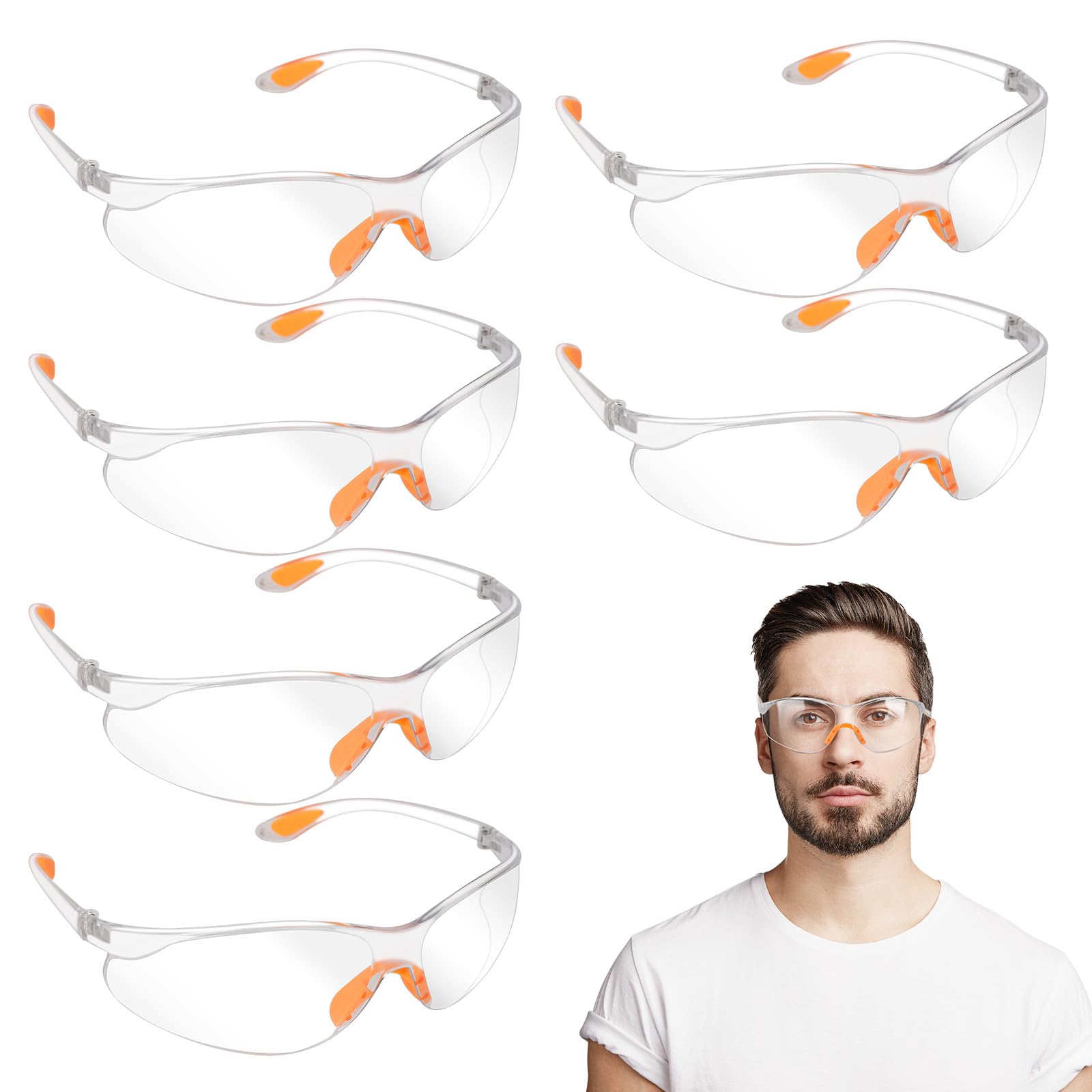 KATOOM 6PCS Safety Glasses Protective Eye Glasses Safety Goggles for Work with Clear Lenses Silicone Nose Pads and Ear Grips for Adult Gardening Construction Laboratory Chemistry Class