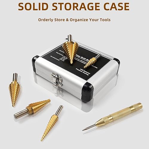 Miniatura 9 de Juego de 5 brocas escalonadas con punzón central automático, brocas de acero de titanio HSS de alta velocidad, 50 tamaños para metal, aluminio,