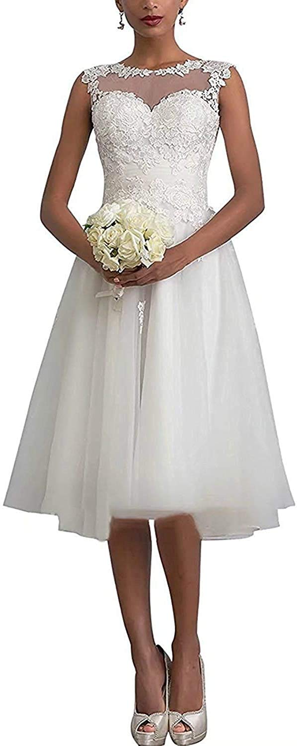 Vestido de Novia Corto de Encaje, Palabra A, Civil Retro, Moda, Blanco, 38