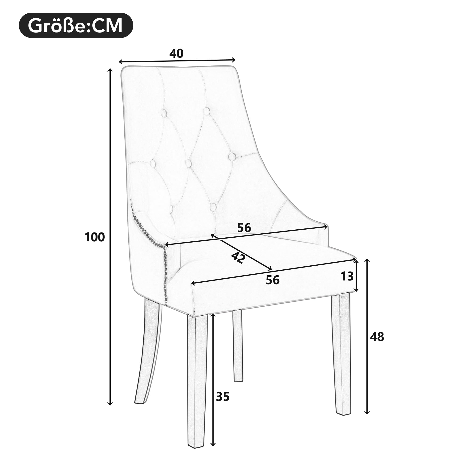 4 sedie eleganti retrò con bottoni rotondi e rivetti, tessuto di velluto e gambe in legno di gomma (grigio)
