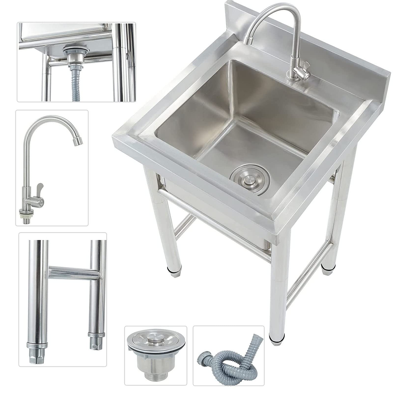 Évier inox de cuisine professionnel pour extérieur et jardin avec 1 bac robuste
