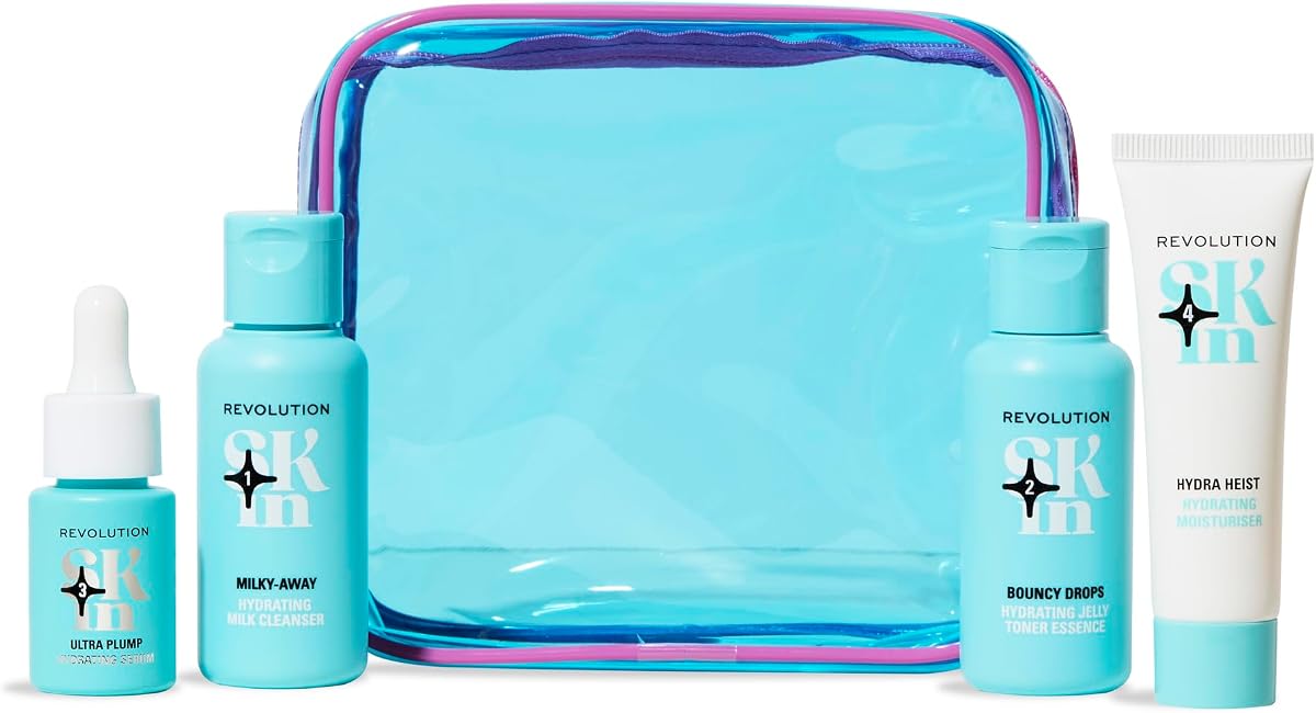 Revolution Skin Happy Hydrate 4 Step Starter Kit, 4 Mini Products | Hydrating Skincare Set with Cleansing Milk, Essence, Serum & Moisturizer, Vegan & Cruelty-Free