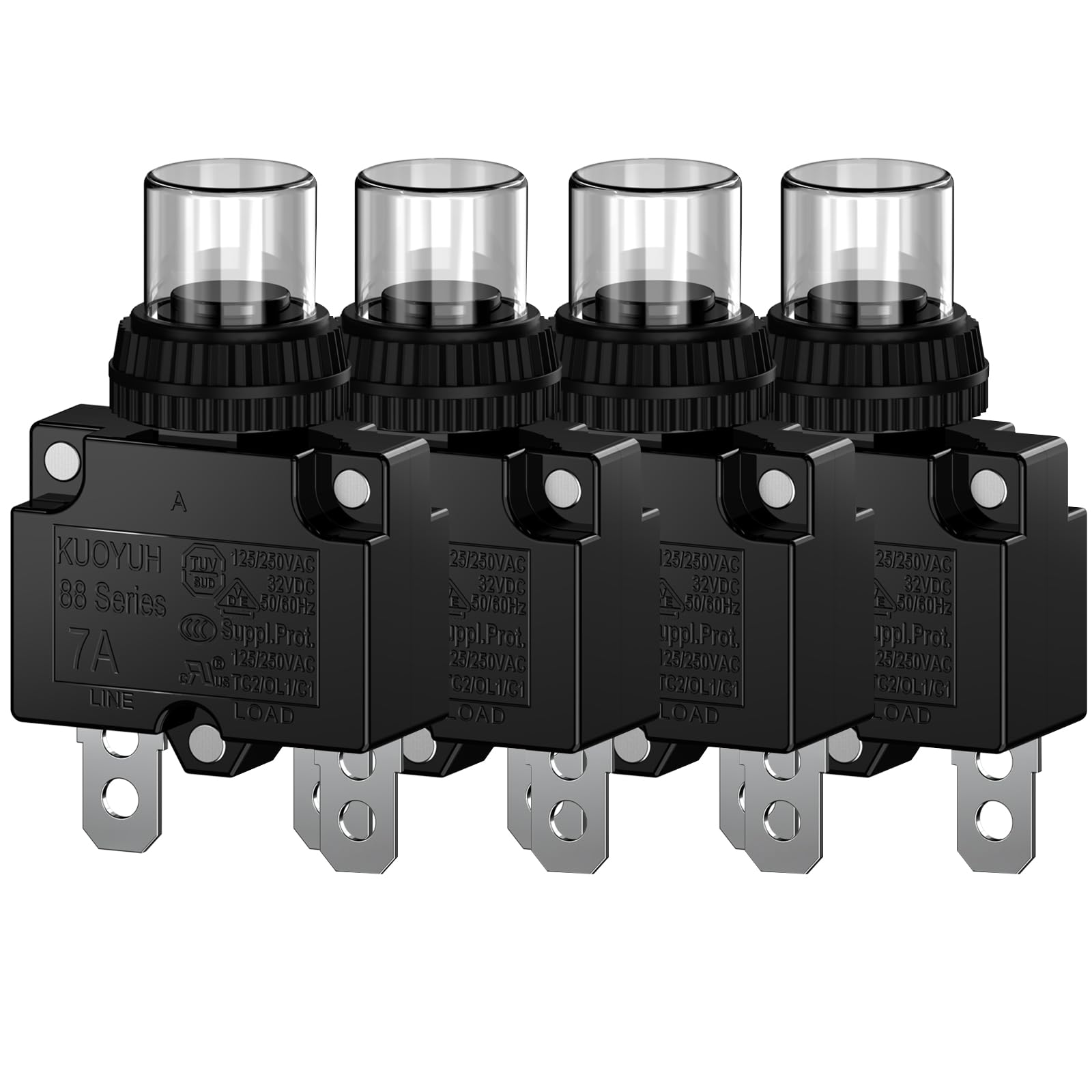 CLDIY 7-A-Leistungsschalter mit thermischem Überlastungsschutz 88 Series Manual Push Button Reset mit Schnellanschlussklemmen und wasserdichter Tastenkappe 32VDC oder 125 / 250VAC 4PCS