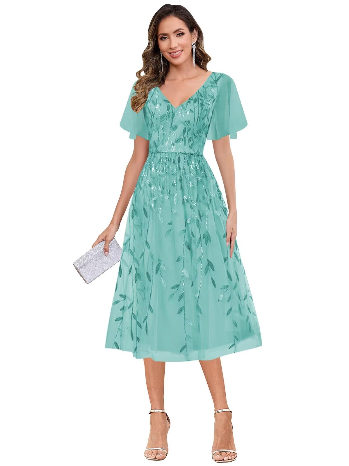 Sequin Mother of The Bride Dresses for Wedding V Neck A Line Tulle Formal Evening Gown with Ruffle
