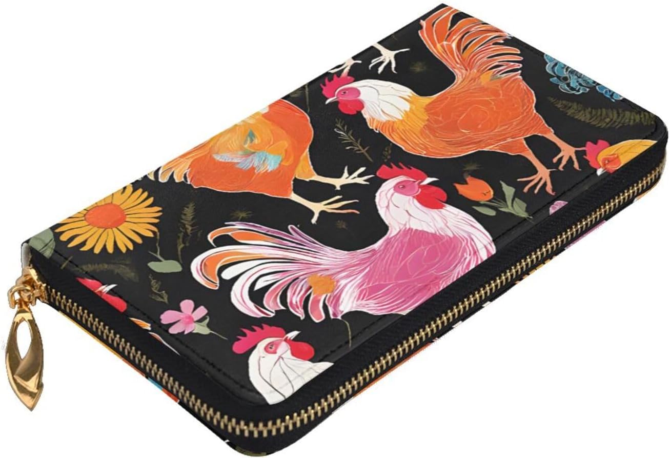Leather Long Hand-Held Cute Rooster Chickens Wallet, Men'S And Women'S Wallets, With Hidden Compartments, Passbook Slot, Id Slot.