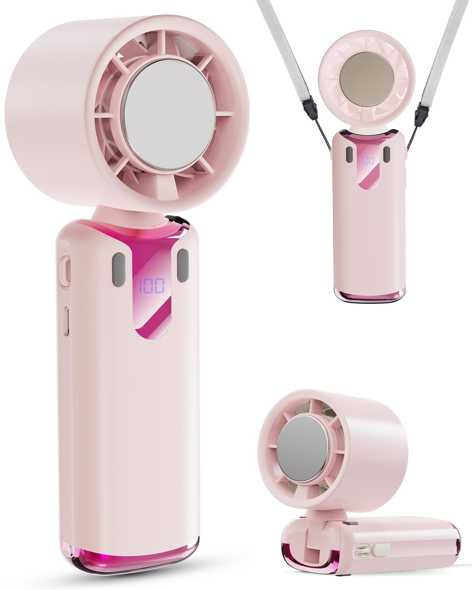 Portable Handheld Fan, 4000mAh Rechargeable Personal Fan with Up to 14Hrs, Dual-Layer Airflow Cooling Fan,HD 5 Speeds,3-in-1 Foldable Neck Desk Fan, USB-C Mini Hand Fan for Travel Office Outdoor,Pink