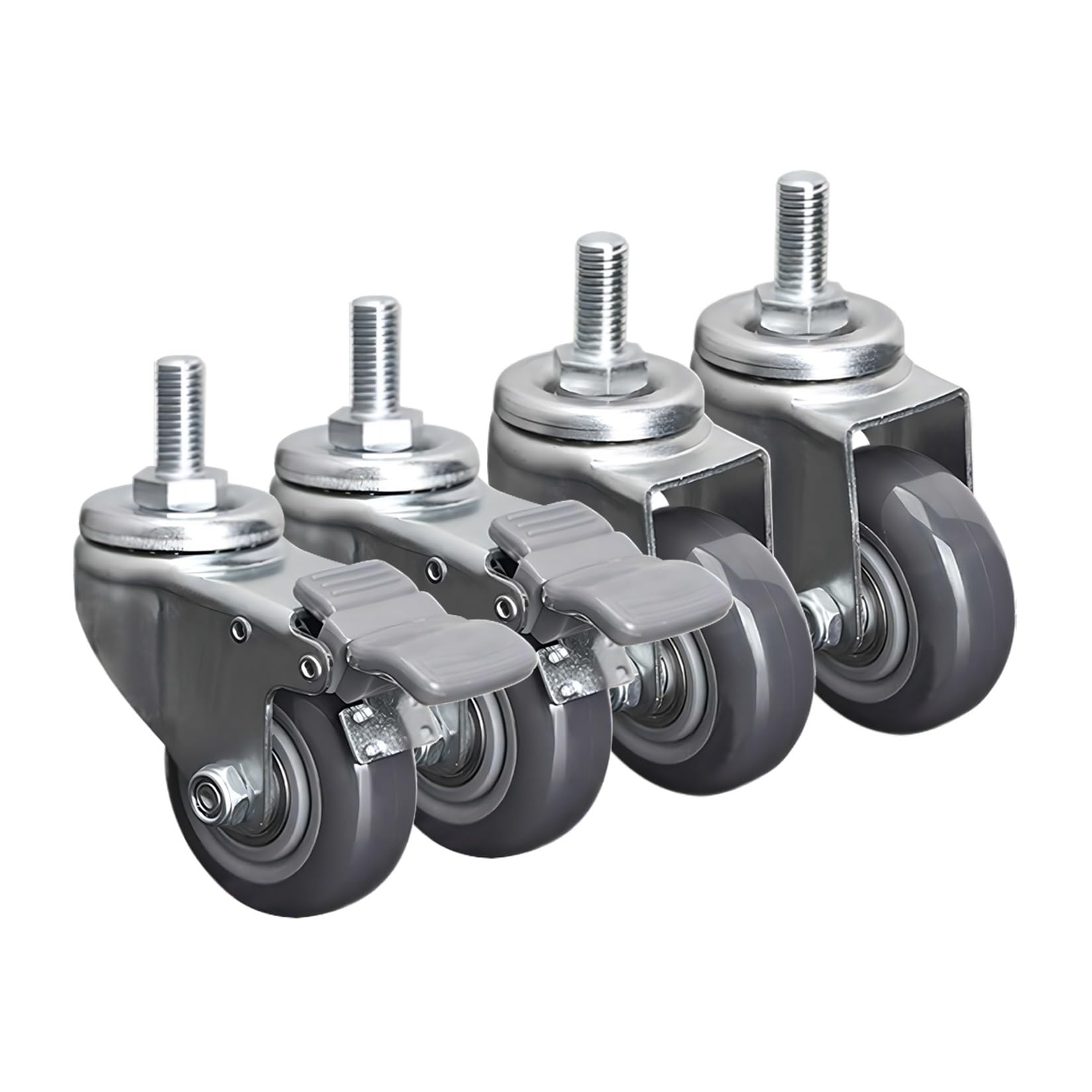 Schwerlast M12 Gewinde Vorbau Lenkrollen 63mm 75mm 100mm Leise Polyurethan Rollen 4 Stück, 360 Grad Drehbar Mit Bremse Industrie Transportroller, Doppellagerung Ersatz Rollen(Swivel+Brake,63mm)