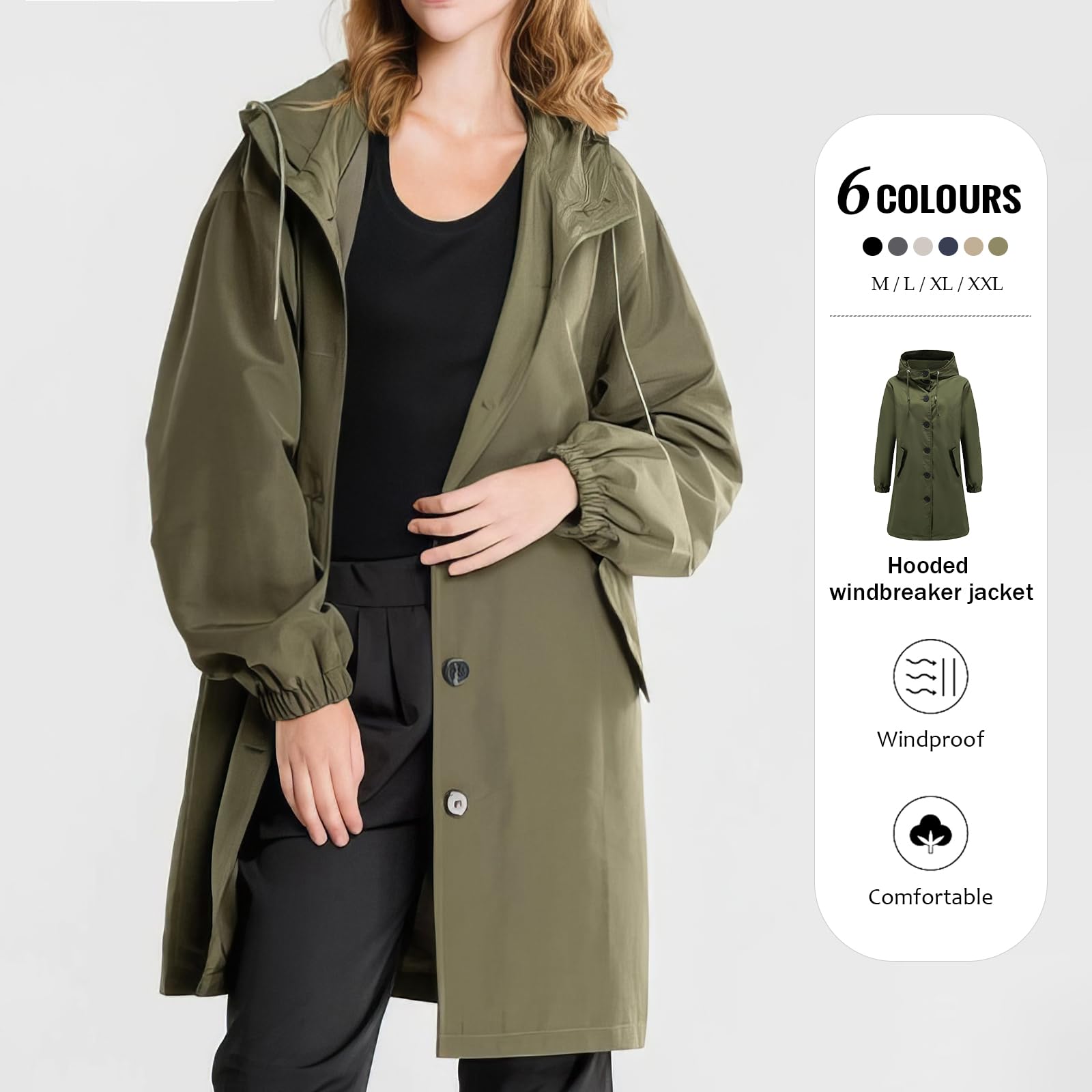 Trench Impermeabile da Donna - Giacca Antivento con Cappuccio Monopetto, Soprabito Impermeabile per Esterni, Impermeabile Softshell per Escursioni e Spostamenti