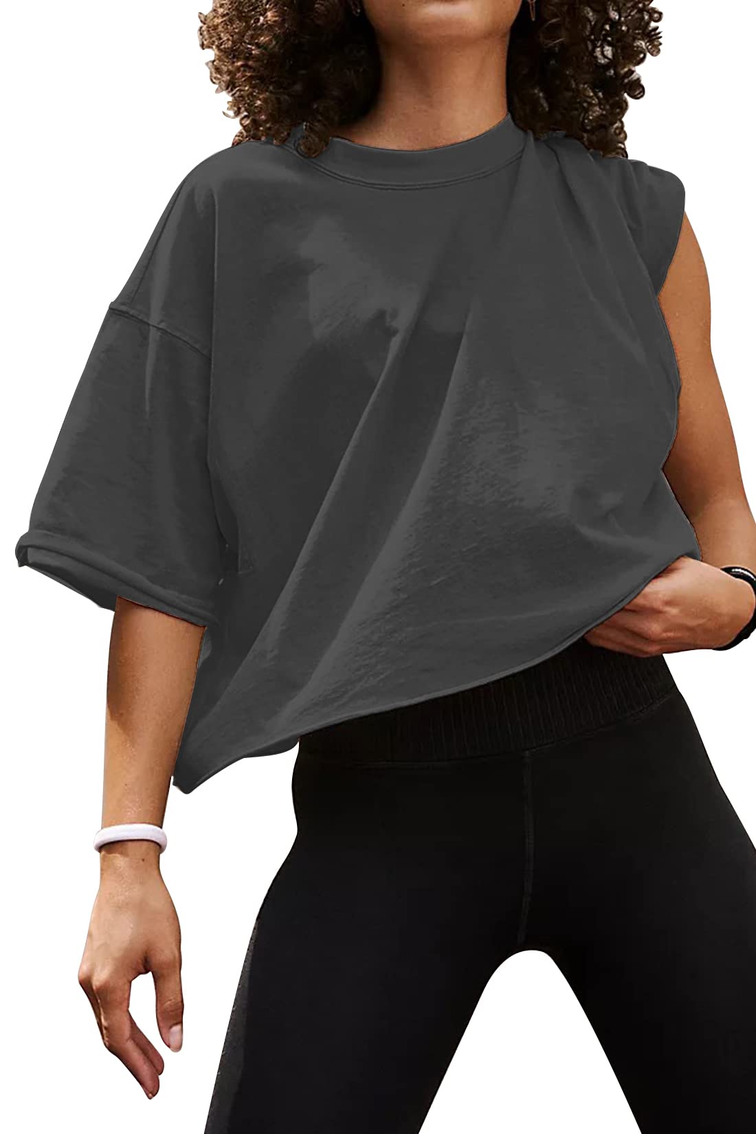 Women's Oversize Workout Crop Tops Casual Short Sleeve Drop Shoulder Boxy T-Shirts Roll Hem Basic Loose Yoga Running Tees