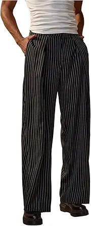 Men's Striped Dress Pants Straight Leg Zipper Fly Suit Pants Baggy Trousers with Pockets