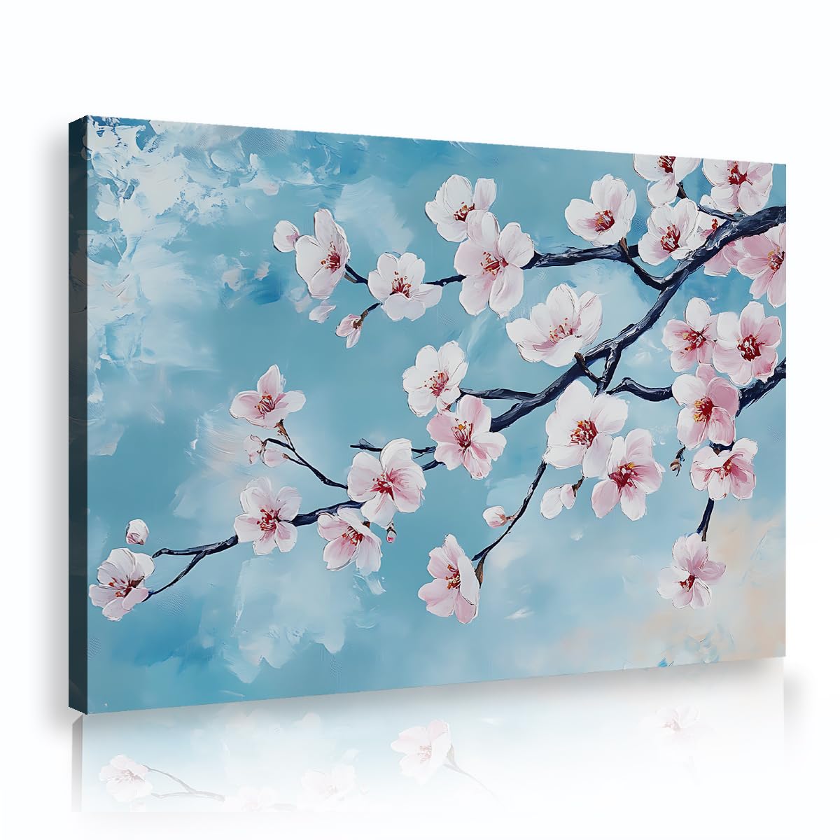 TOANGWALL Cherry Blossom Canvas Wall Art Pink Flower Tree Branch Framed Art Prints Blue Sky Botanical Posters Mural Painting Pictures For Living Room Home Decor 80x120cm