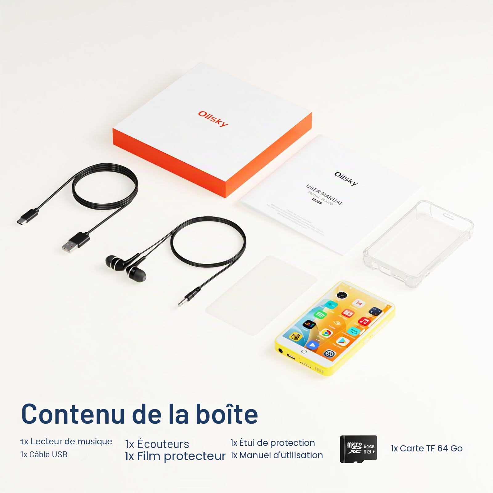 Lecteur MP3 avec Bluetooth et WiFi, Oilsky 80GB 4'' 1080P Lecteur MP4 à écran Tactile, Android 9.0, Lecteur MP3 Portable avec Spotify, Audible, Deezer (Jaune)