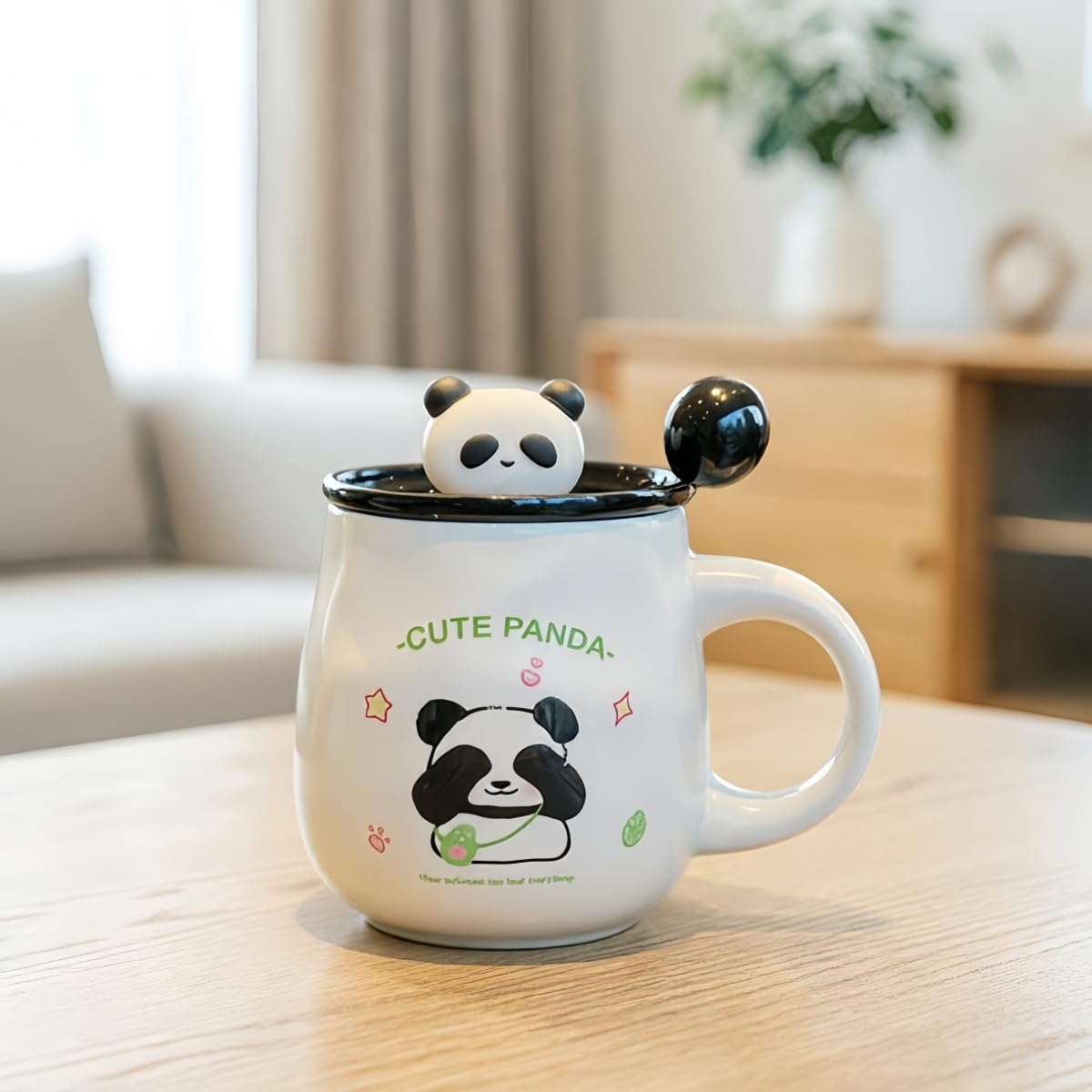 Panda Tasse mit Deckel Löffel Keramiktasse 400ml Matt Weiß süße Kaffeetasse Teetasse Geschenk Freundin Büro Geburtstag 2 Motive (Augen-zu-Panda – 4er-Set)