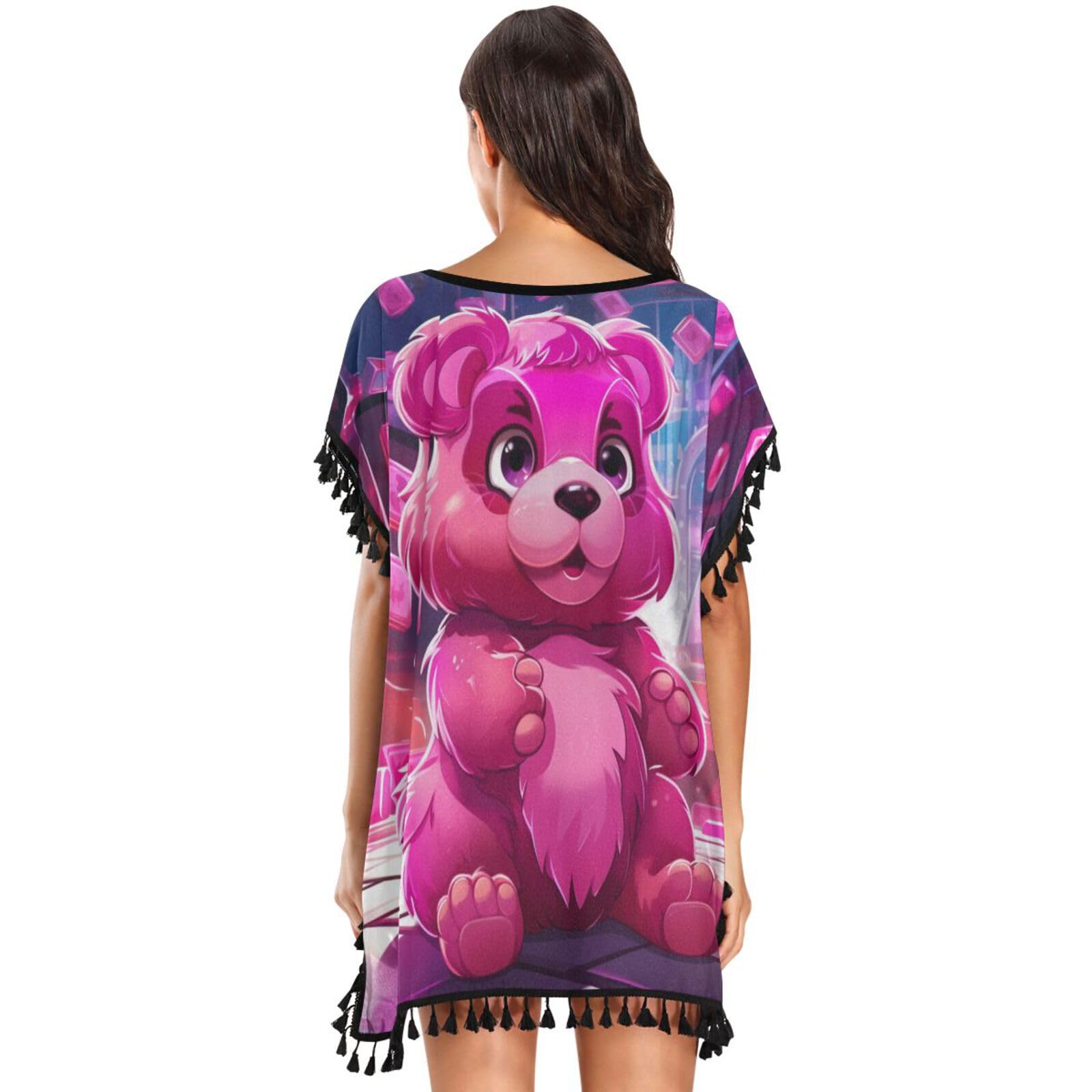 Pink Pattern Art Bear Women's Beach Cover Up Chiffon Tassel Swimwear Swimsuit Coverups for Girl