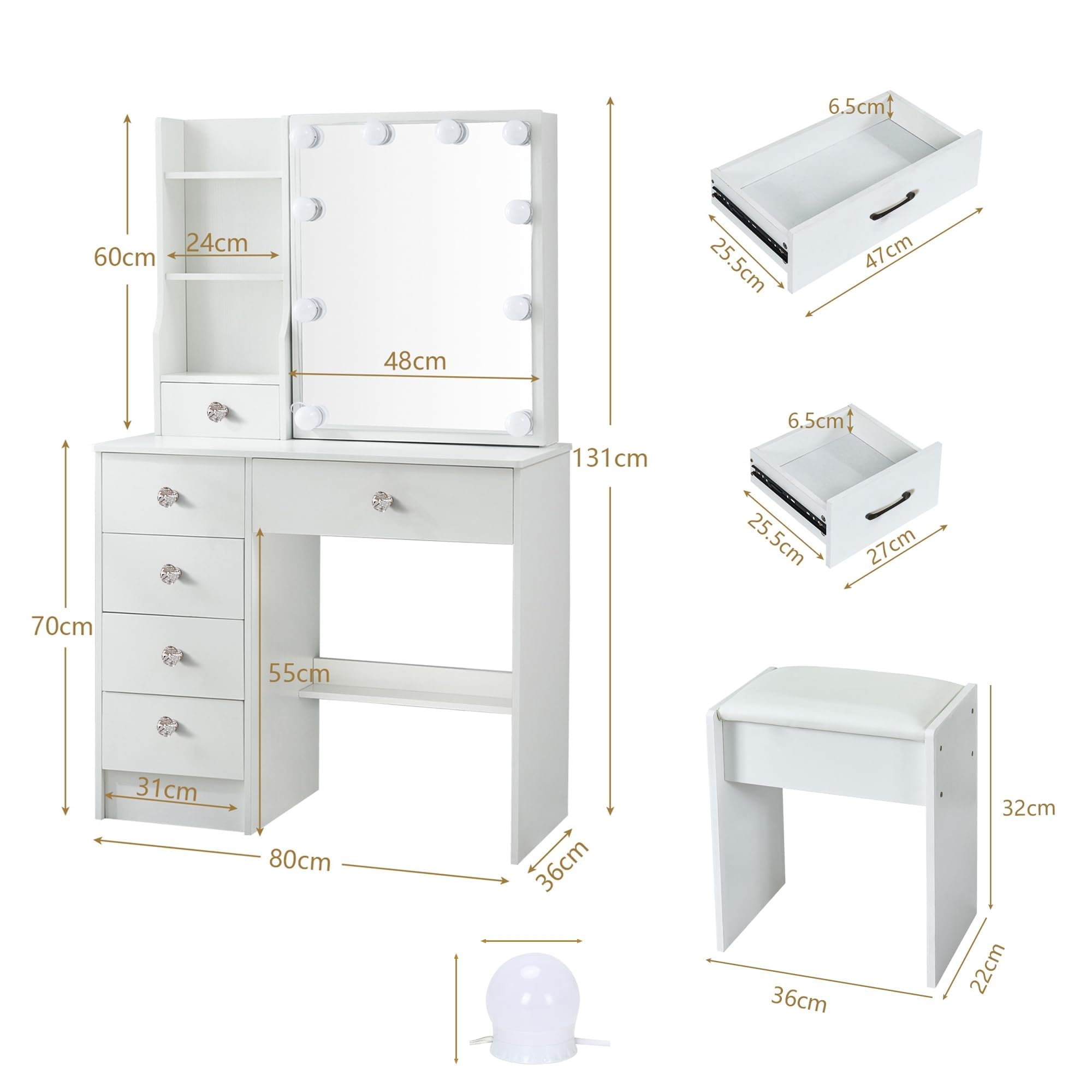 Tavolo da toeletta con illuminazione a LED, tavolo da toeletta con specchio per trucco, tavolo cosmetico con specchio, 3 colori con luminosità regolabile - M39