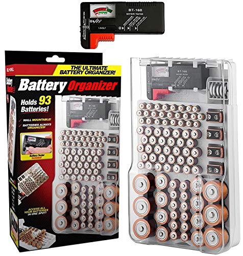 Battery Organizer Storage, Original Wall-Mount Storage, Holder Fits 93-Batteries with Battery Tester for AAA AA 9V C and D Size Batteries As Seen On TV