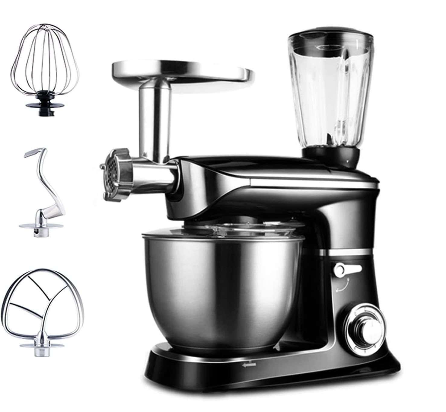 Robot multifunción 3 en 1 1900W color Negro - Amasadora con Accesorios 6,5L Bol Acero Inoxidable - Batidora de Vaso 1,5L Cuchillas de Acero Inoxidable - Picadora de Carne.