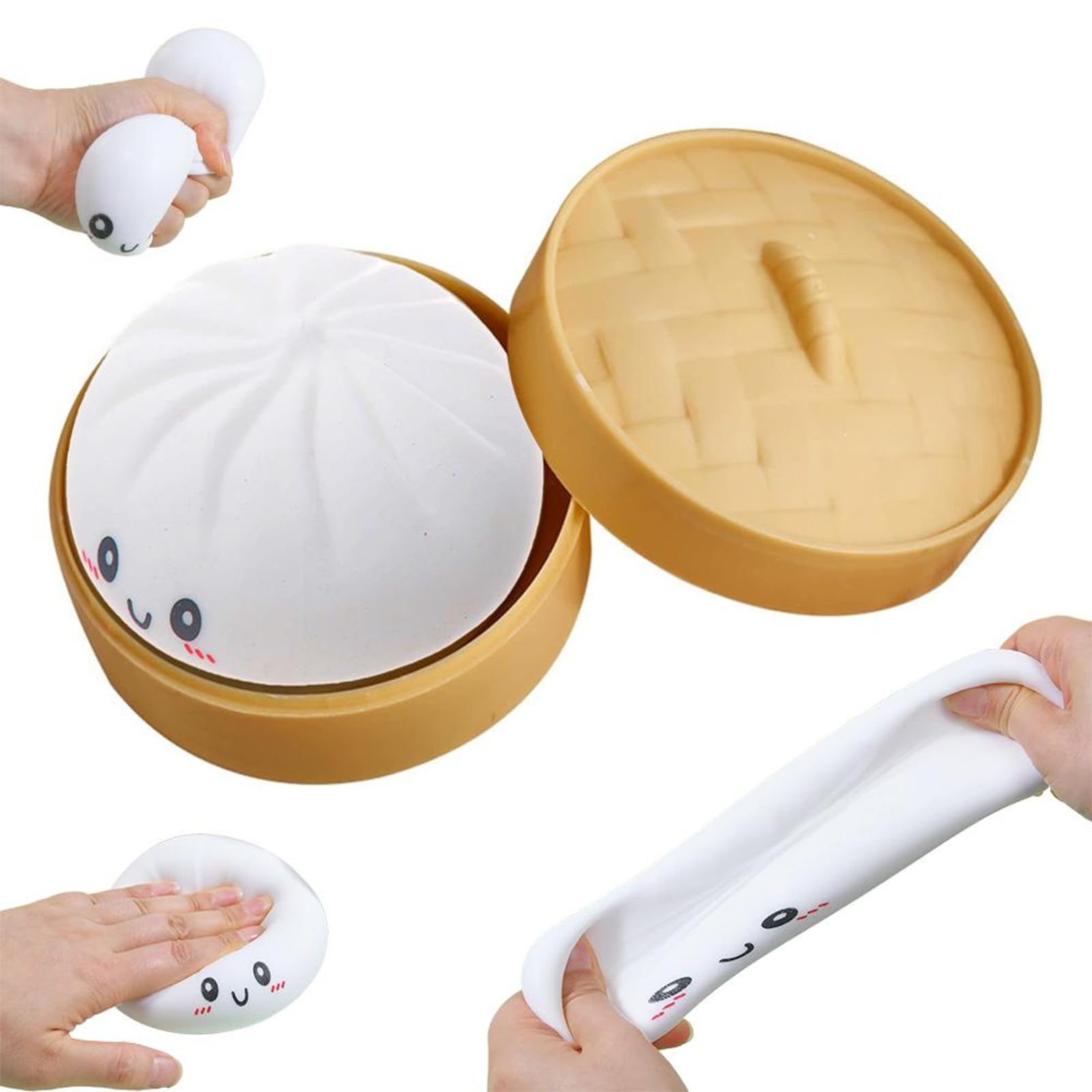 4Pcs Giant Mystery Dumpling Squishy, Squishy Dumpling Stress Toys with Steamer Box, Soft Squeeze Decompression Buns, Anxiety Relief Fidget Toys, Dumplings Toy Fidget Toy (C03-White) — image 1