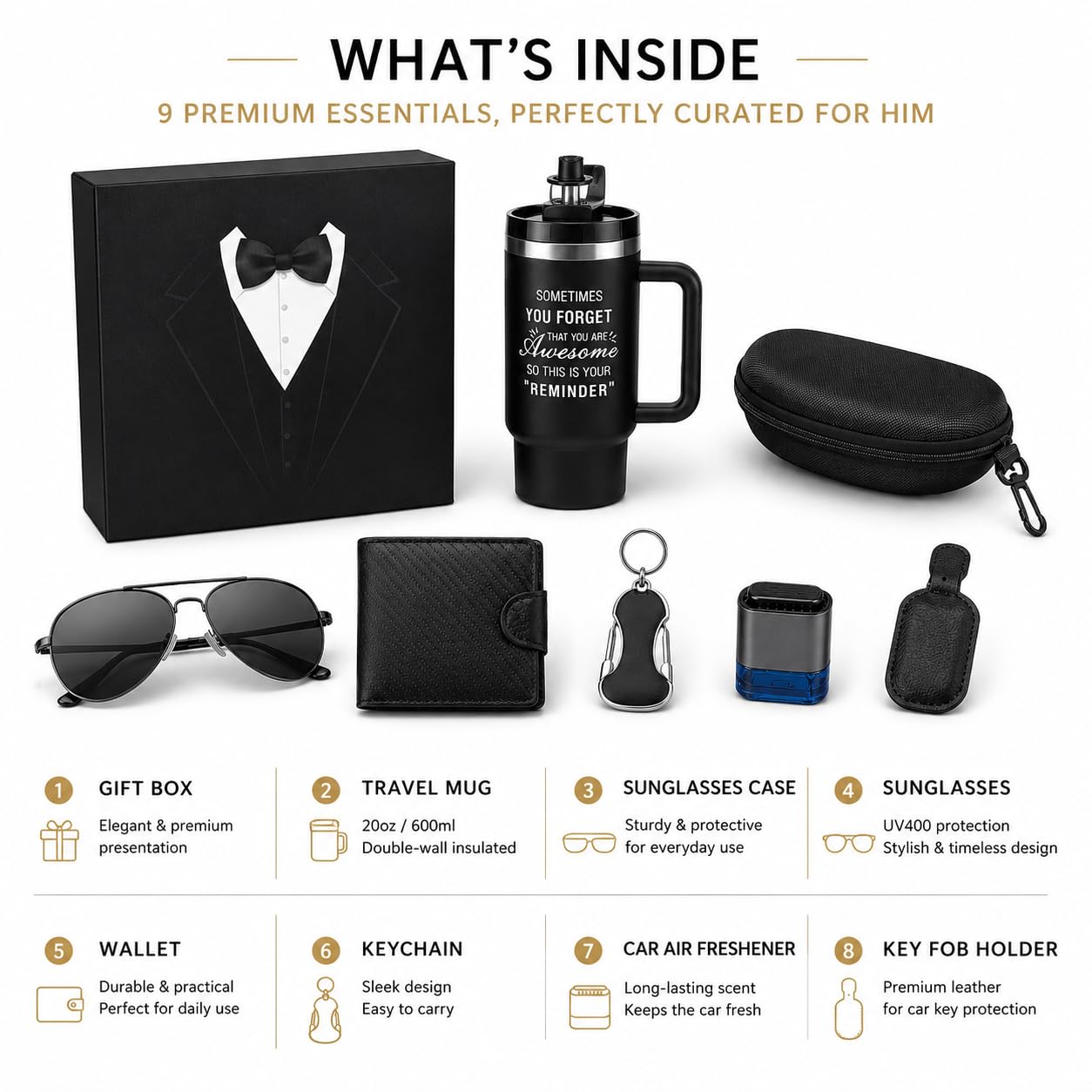 Coffret Cadeau Homme 6 en 1 avec Mug Isotherme, Portefeuille, Lunettes de Soleil et Porte-Clés – Idée Cadeau Homme pour Papa, Mari, Copain, Anniversaire, Noël, Fête des Pères