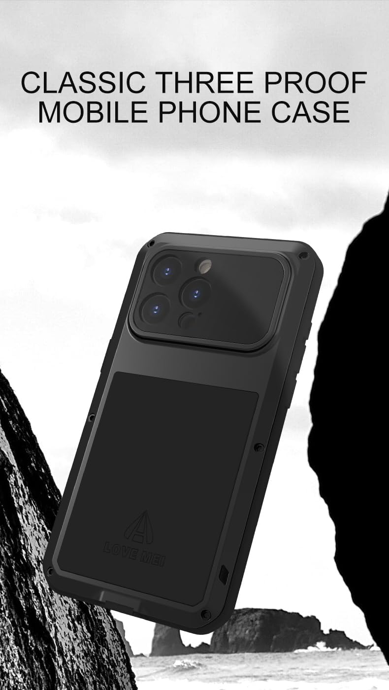 LOVE MEI for iPhone 15 Pro Max Case, Heavy Duty Rugged Full Body Protection Military Armor Bumper Aluminum Metal Dust/Shockproof Case with Tempered Glass (Black)