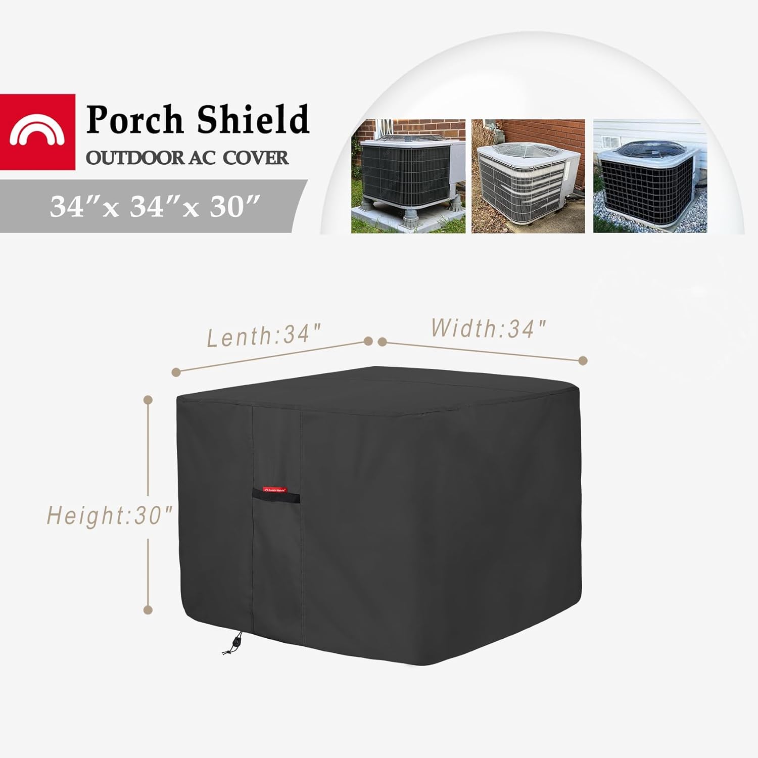Porch Shield Waterproof AC Covers – Heavy Duty Square Air Conditioner Cover for Outside Unit Up to 34''L x 34'' x 30'', Black