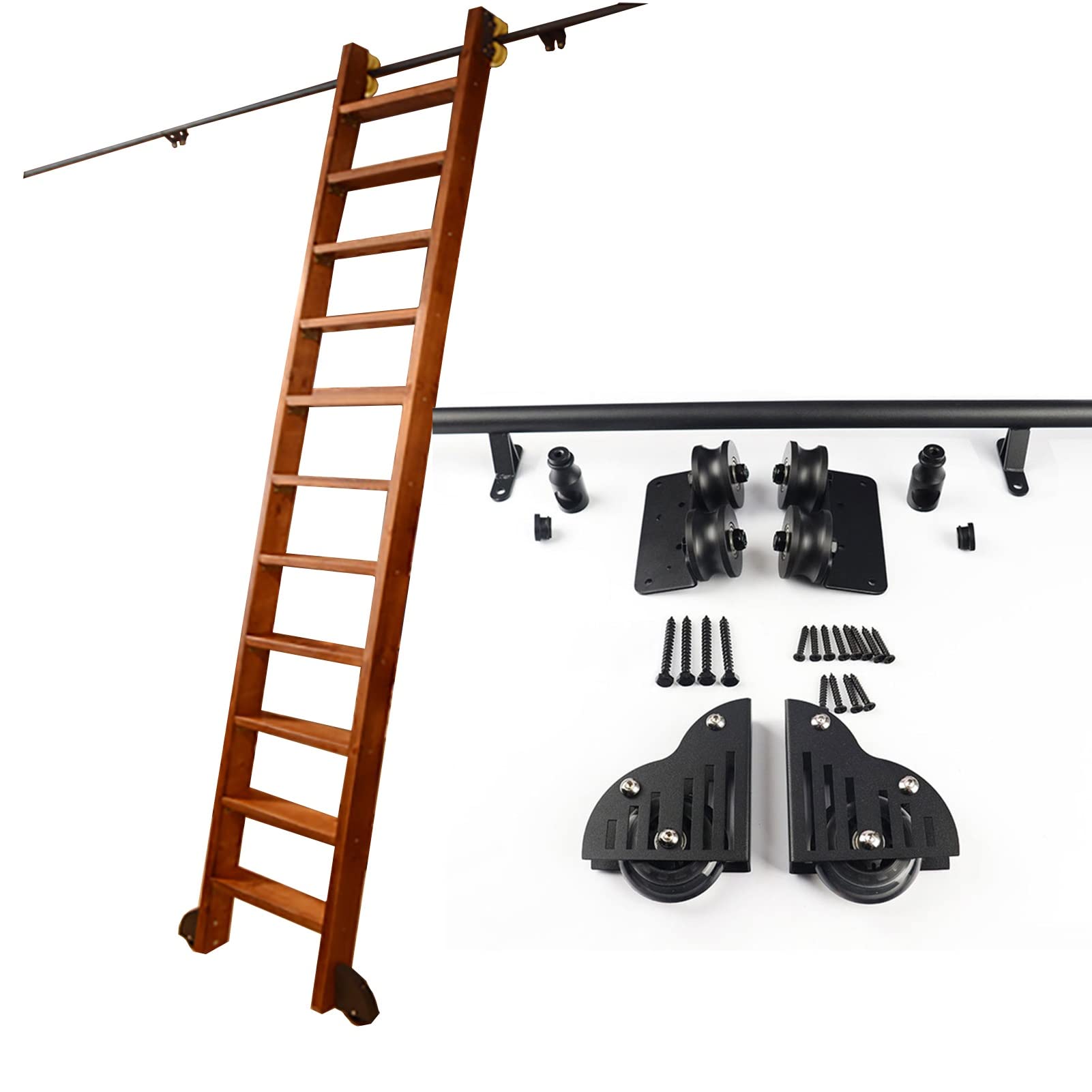 Kit libreria Scorrevole con ferramenta Scorrevole (Senza Scala) con Ruote a rulli per Pavimento, Set Completo di ferramenta per Binario sospeso per Scala Scorrevole + Binario di prolunga - 3