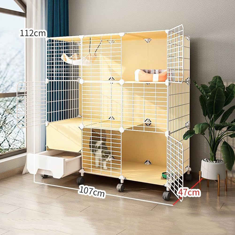 Gabbia per gatti a 2 livelli con lettiera, gabbia da interno in filo metallico per 1-2 gatti, furetti, conigli, piccoli animali, grande, 112 x 107 x 47 cm