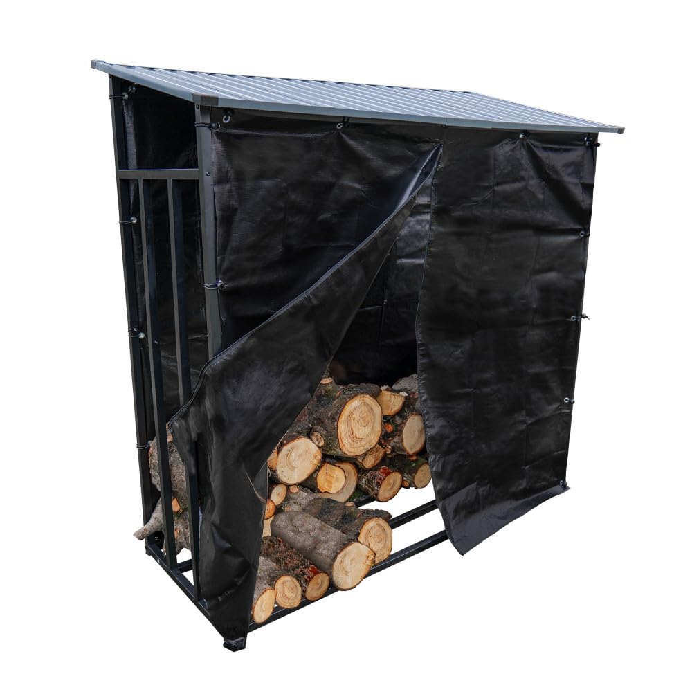 Oxeo Abri bois de chauffage bûches Extérieur - capacité 3 stères - Longueur 186 cm - Toit incliné en tôle - Bâche de protection zippé