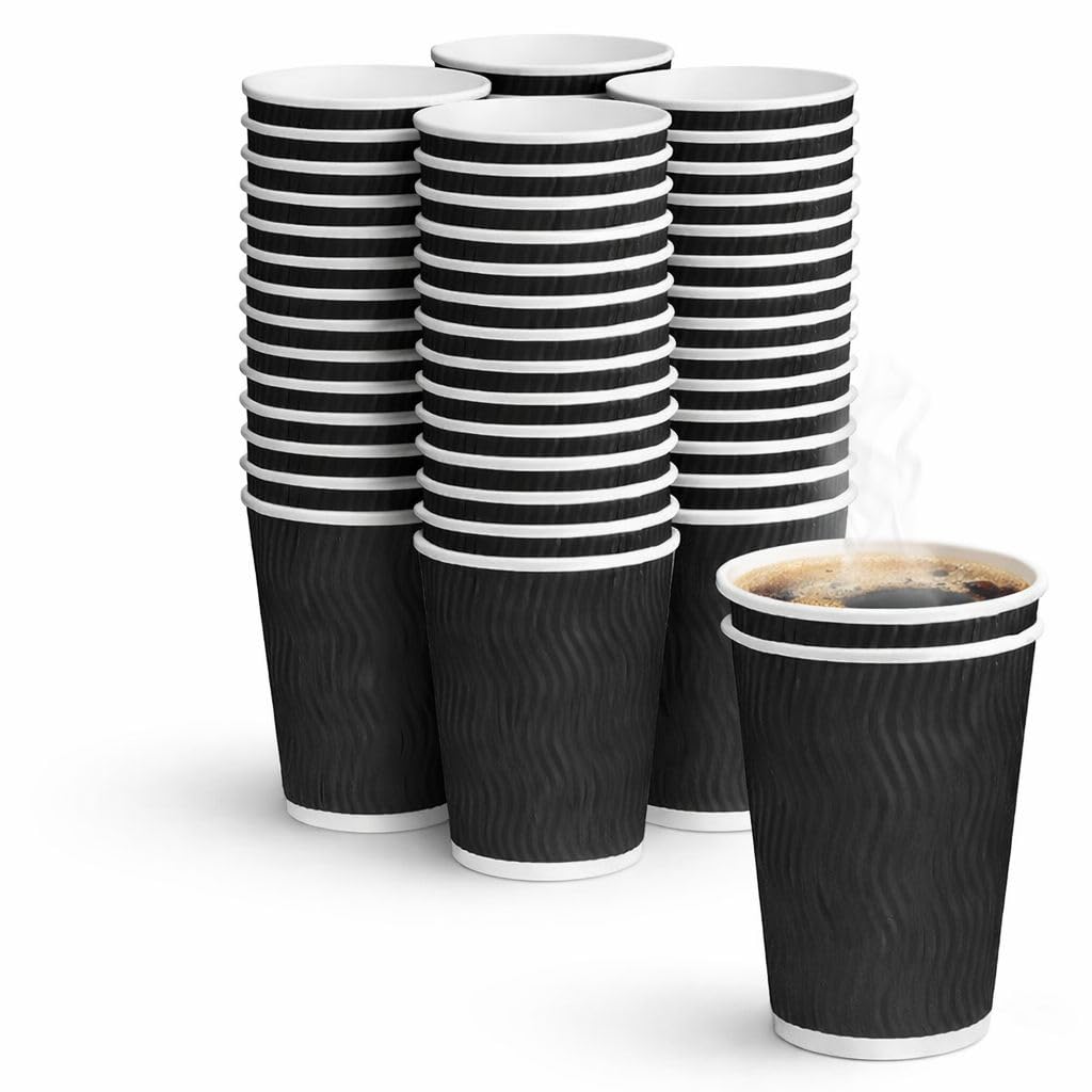 1ABOVE 12oz Black Ripple Wall Paper Cups – 100 Pack 3-Ply Insulated Disposable Coffee Cups for Hot Drinks, Tea, Cappuccino & Latte