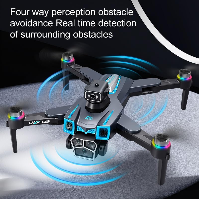 Generic A15 Pro Max Camera Drone flying, with blue circular waves emanating from its front and sides, indicating its four-way perception obstacle avoidance system detecting surroundings.
