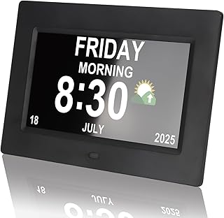 Clocks for Seniors - 7" Digital Alarm Clock with Large Display | 8 Custom Alarms & Medication Reminders | Desk/Wall Dementia Clock for Elderly with Easy Remote Control (Black, 7'')