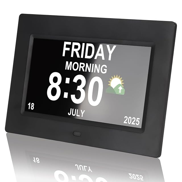 Vruelia Clocks for Seniors - 7 Digital Alarm Clock with Large Display 8 Custom Alarms Medication Reminders Desk