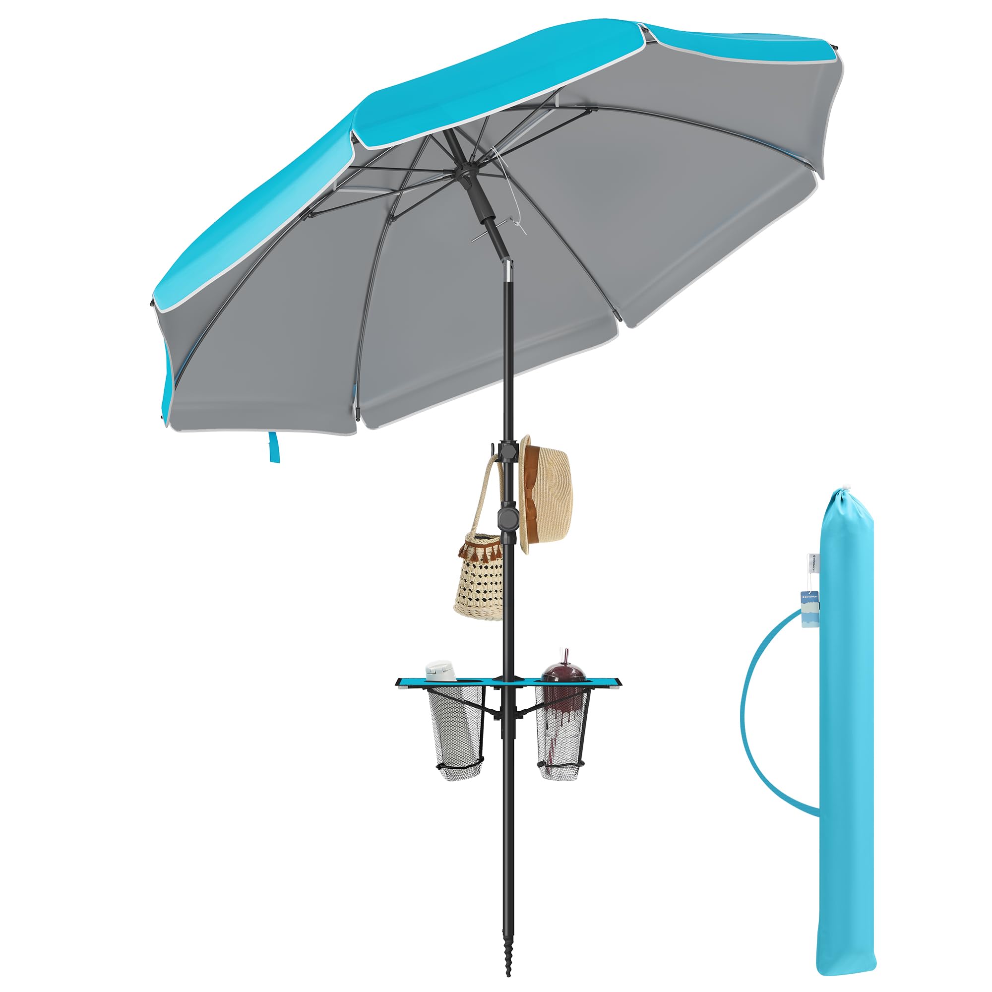 SONGMICS Sonnenschirm 200 cm, Strandschirm, Sonnenschutz UPF 50+, beidseitig um 30° knickbar, höhenverstellbar, Ablagefläche, Haken, für Strand, Garten, ohne Ständer, blau GPU0082Q01