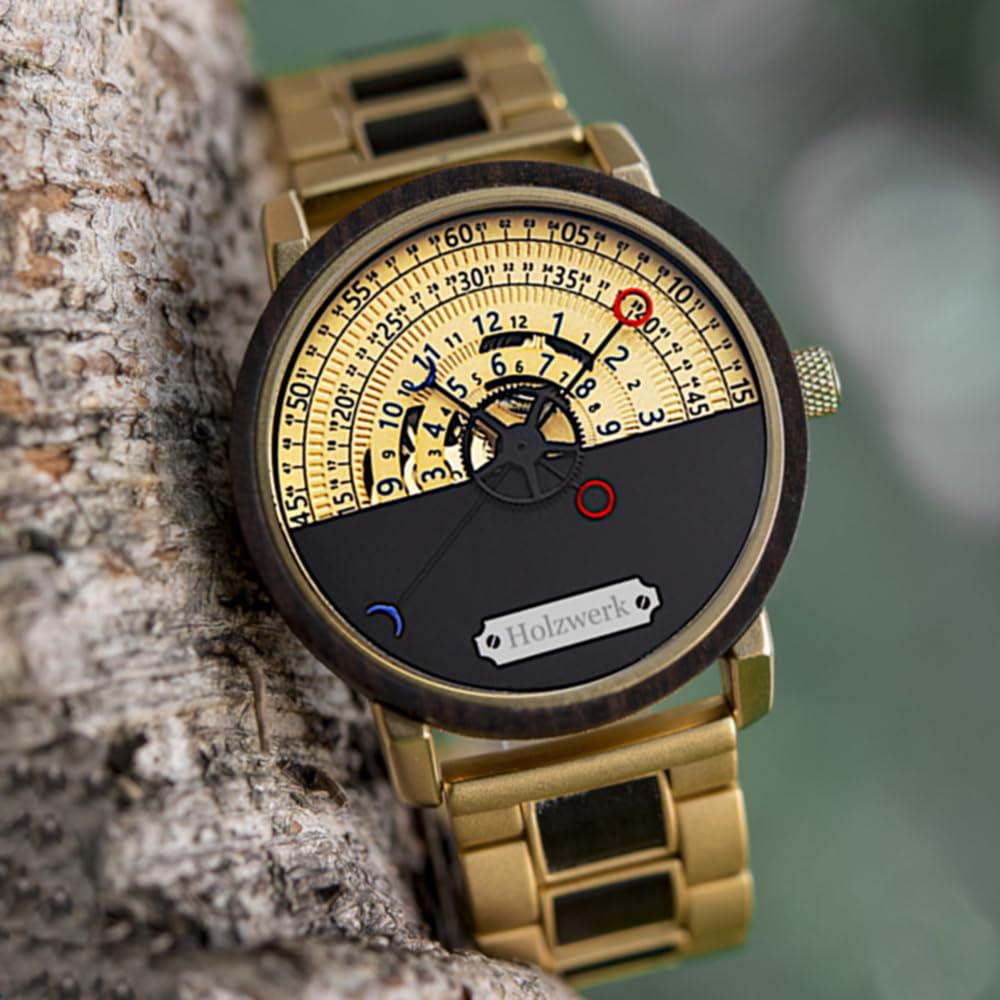 Holzwerk Automatik Herren-Uhr Öko Natur Holz-Uhr Holz Armband-Uhr Schwarz Gold Analog