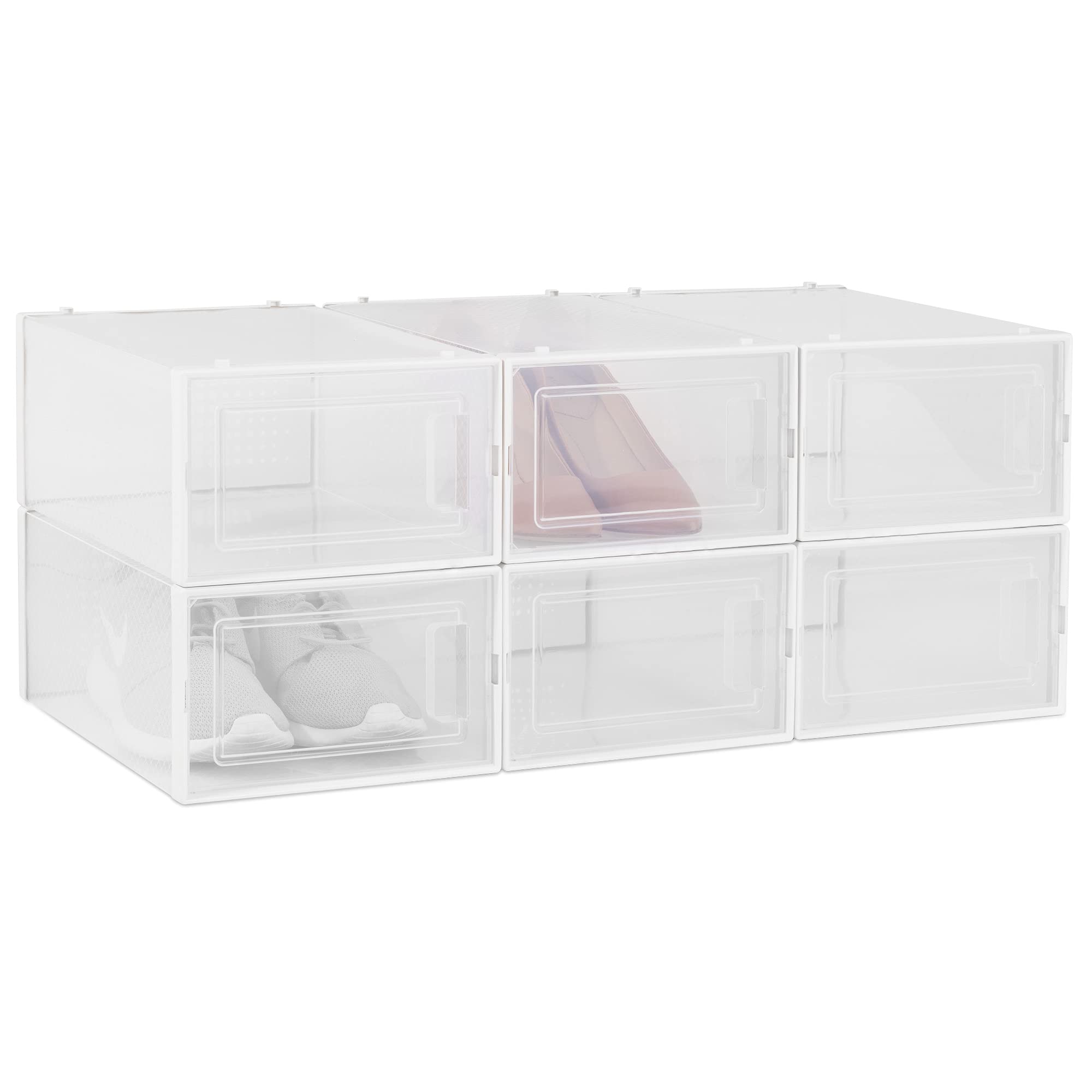 Navaris Stackable Shoe Storage Boxes Set of 6 Clear Plastic Foldable