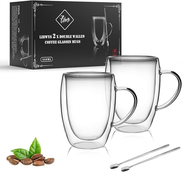 LIBWYS 2 Pack Double Walled Coffee Cups Glasses Mugs with 2 Spoons, Cappuccino Latte Tea Cups with Handle, Heat Resistant Cup Drinking Glasses 350ML Coffee Cup