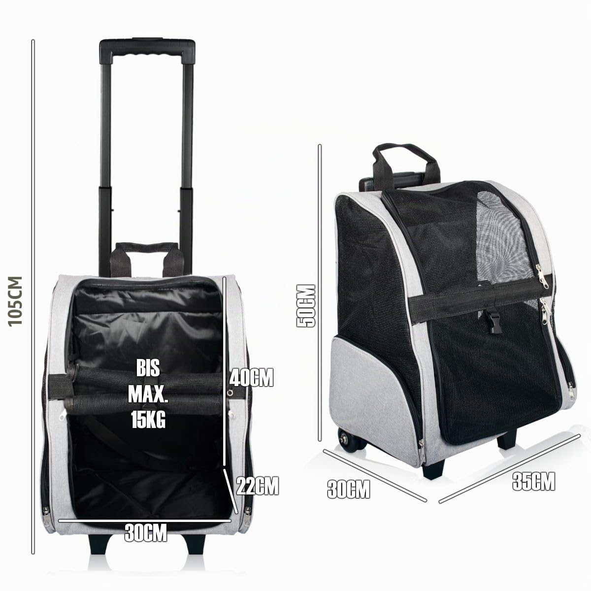 2IN1 Rucksack Trolley Hund Katze bis 15kg Transporttasche mit Rollen Hunderucksack Katzentrolley