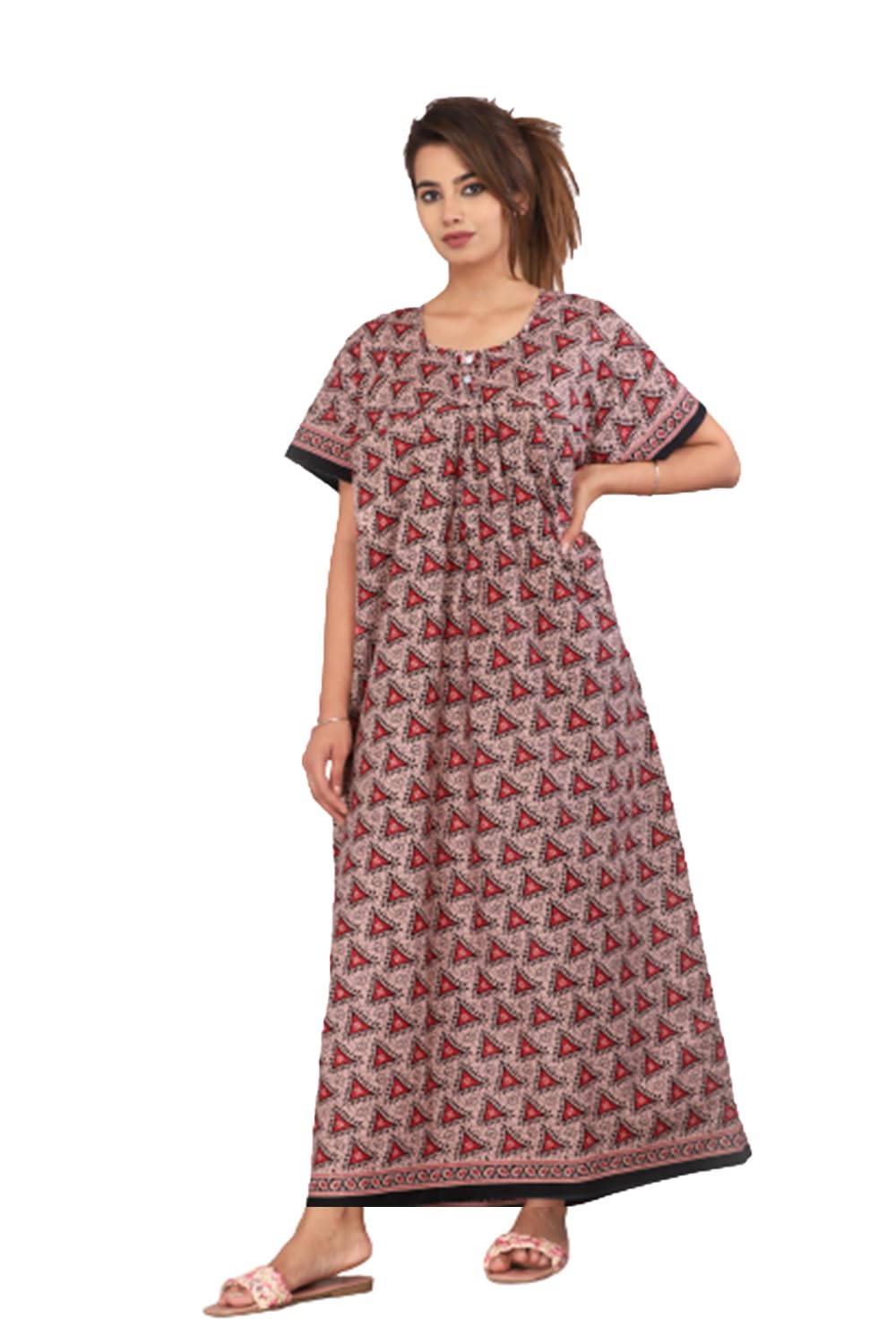 kuruti b sheets Nighty for Women Cotton Nighties for Women Nighty Cotton Floor Length Round Neck 2 Button Short Sleeves Maxi Jaipuri Printed Super Comfy Grey-picture-21