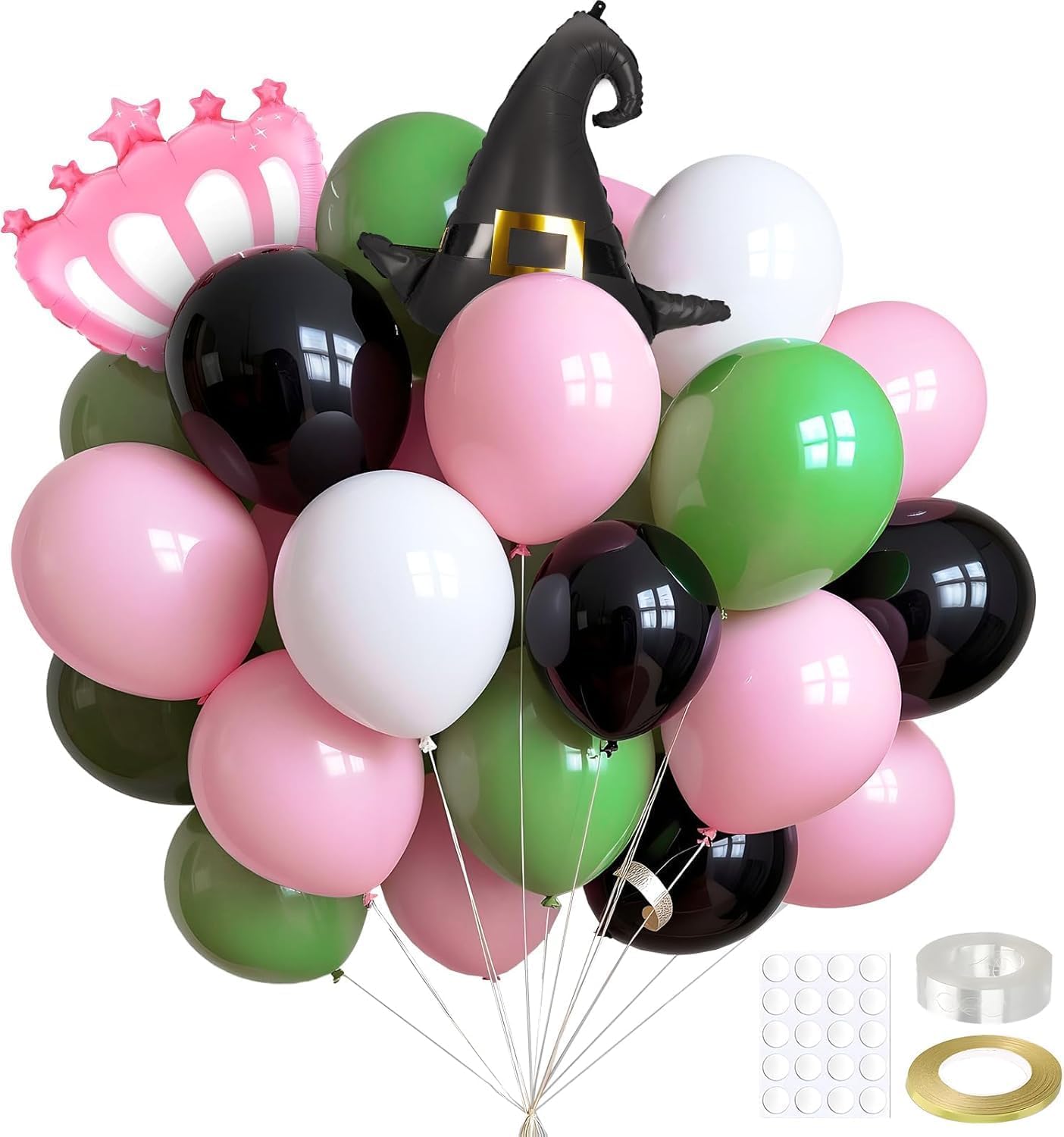 Wicked Party Decorations Sets, 12 Inch Green Pink Black White Balloons with Pink Crow and Wizard Hat Party Decoration for Cosplay Birthday Shower Decor Supplies (Type B)