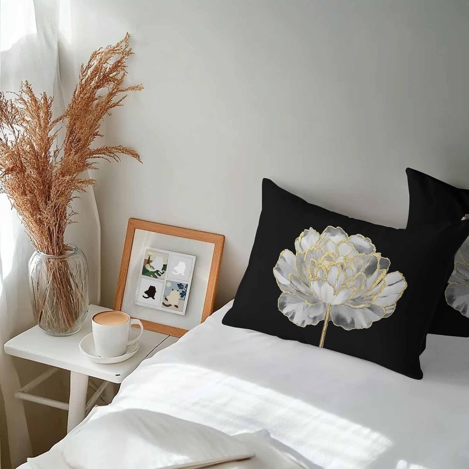 T&H XHome Outdoor Waterproof Throw Pillow Covers 20"x12" Set of 2 White Gold Black Decorative Cushion Cover Pillowcase for Garden Patio Tent Beach Bedroom Living Room Sofa Couch