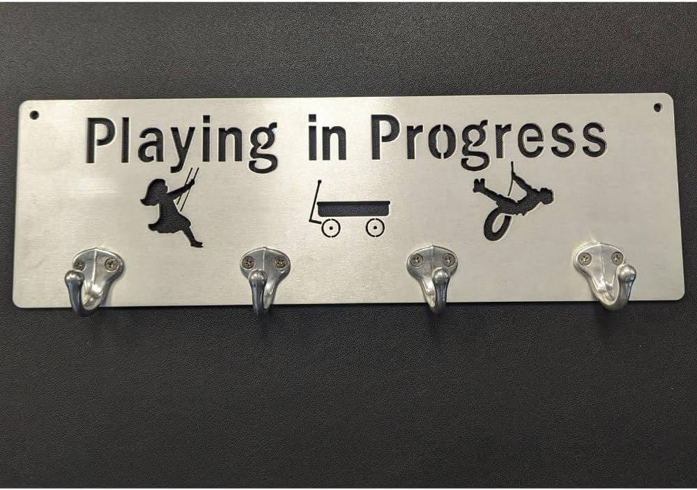 Metal Signs & Your Designs - Playing in Progress - Wall Mounted Kitchen Utensil Rack - Brushed Aluminum