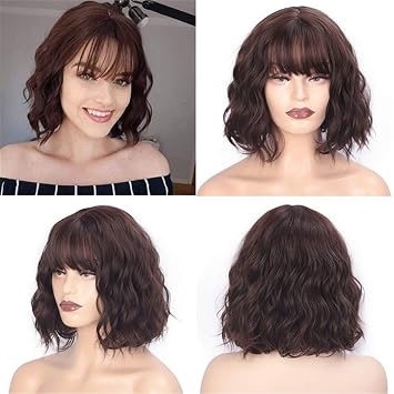 Wavy Curly Synthetic Clip in Hair Toppers with Straight Bangs 10" Natural Curly Wiglet Toppers for Women, Light Brown