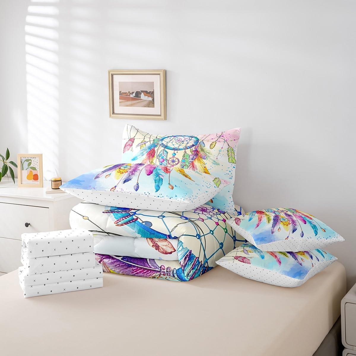 Feelyou Kids Dreamcatcher Bed in a Bag Full Size, Boho Dream Catcher 7 Piece Bedding Set for Kids Bedding Sets with All Season Quilted Comforter, Flat Sheet, Fitted Sheet, Pillowcases, Pillow Covers