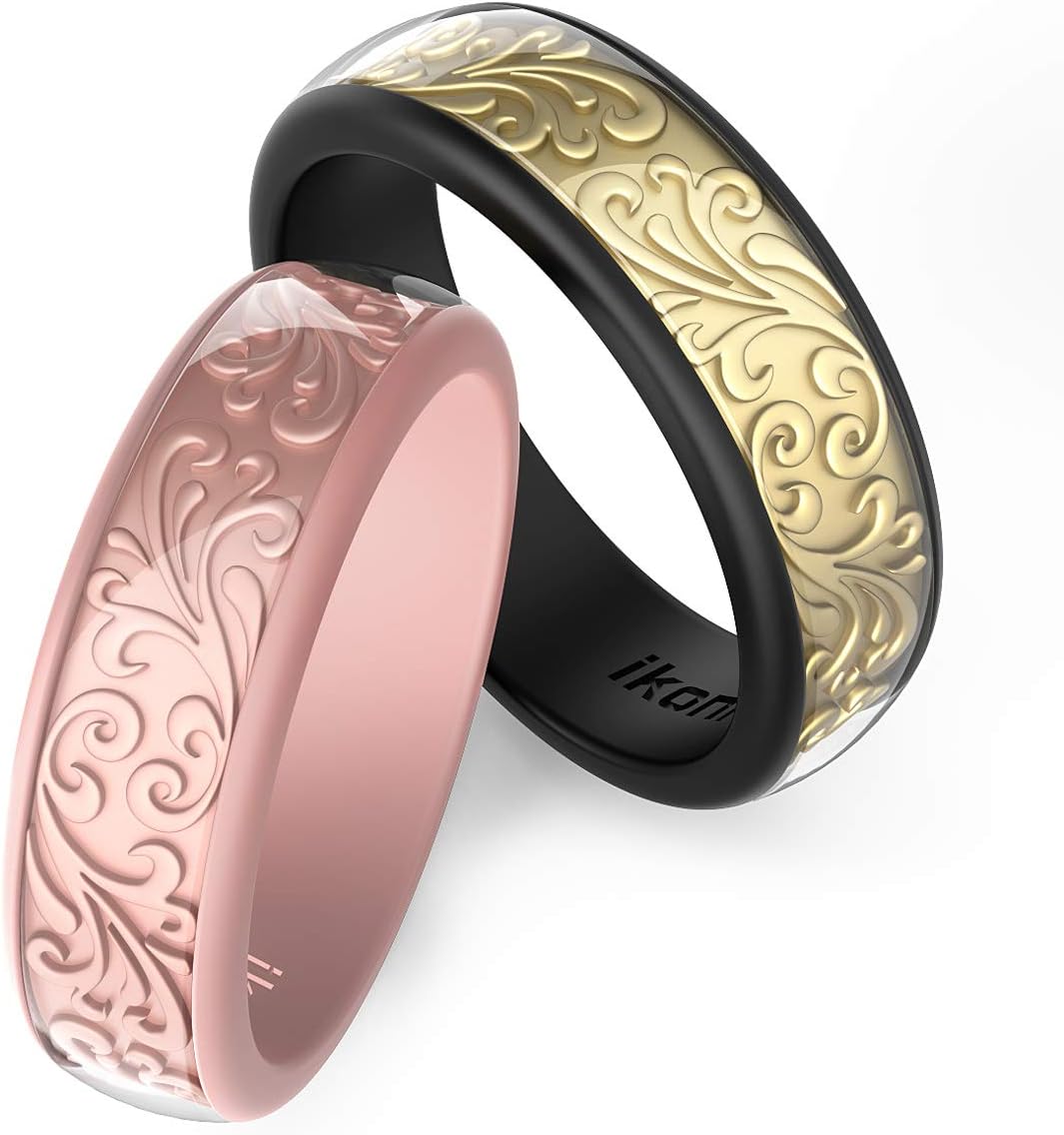 DOEPLEX Silicone Wedding Ring, Two Piece Rubber Wedding Ring with Unique 3D Sculptured Flower Pattern, 6.5 mm Wide 2 Pack in Metal Box