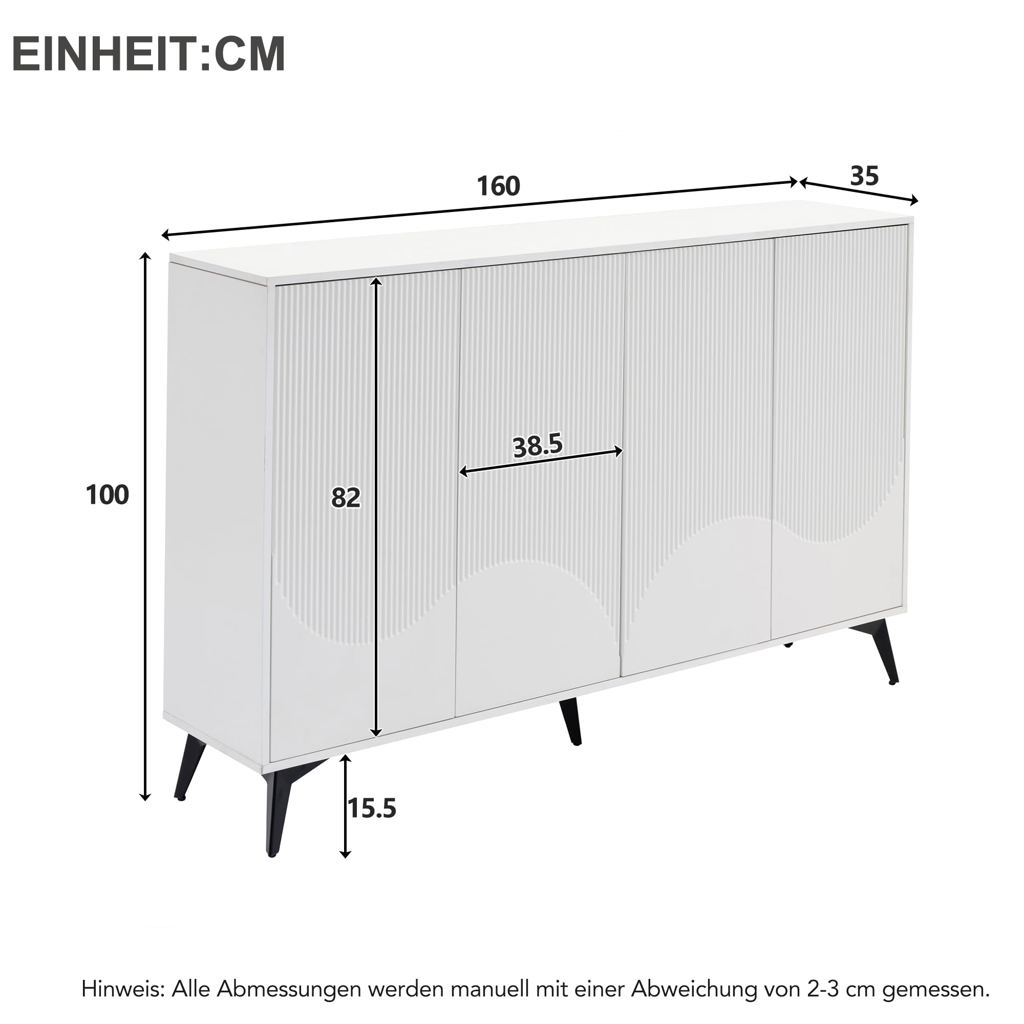 Weiß Sideboard Breite 160 cm, Multifunktionales Sideboard,Kommode, Highboard mit verstellbaren Einlegeböden, 4 Türen, Metallbeine
