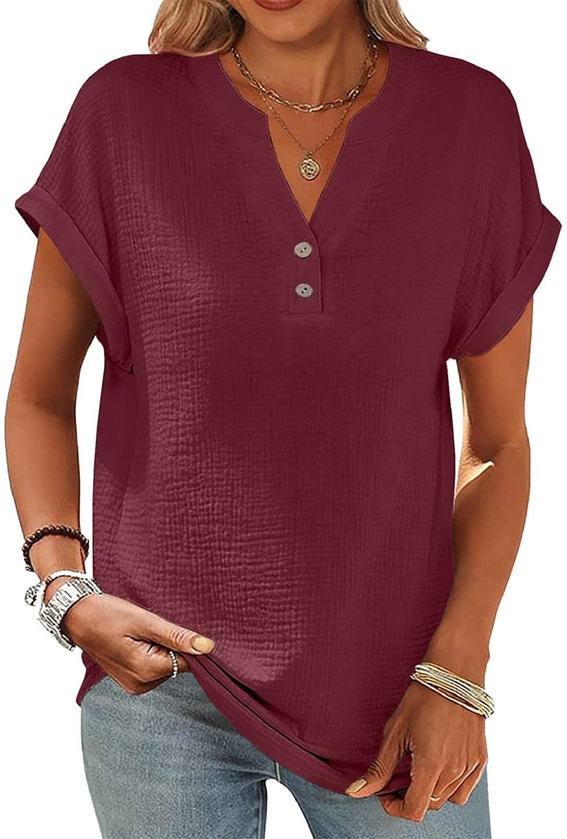 Joligiao Bluse Damen Kurzarm Sommer Blusen Lässig V-Ausschnitt Hemdbluse Baumwolle Button-Down Blusen Casual Hemd Oberteile Solide Hemden Basic Blusenshirt Oberteile Tunika Shirts Tops