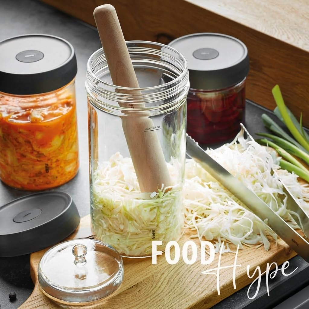 GEFU NATIVO - Bicchiere da fermentazione da 1 litro, con peso di ponderazione, vetro fermentazione con peso e coperchio, trasparente, da inserire e fermentare